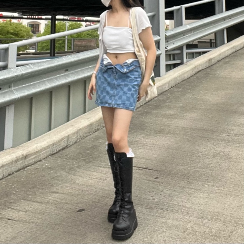 Denim mini checkerboard skirt - Picture 2 of 2